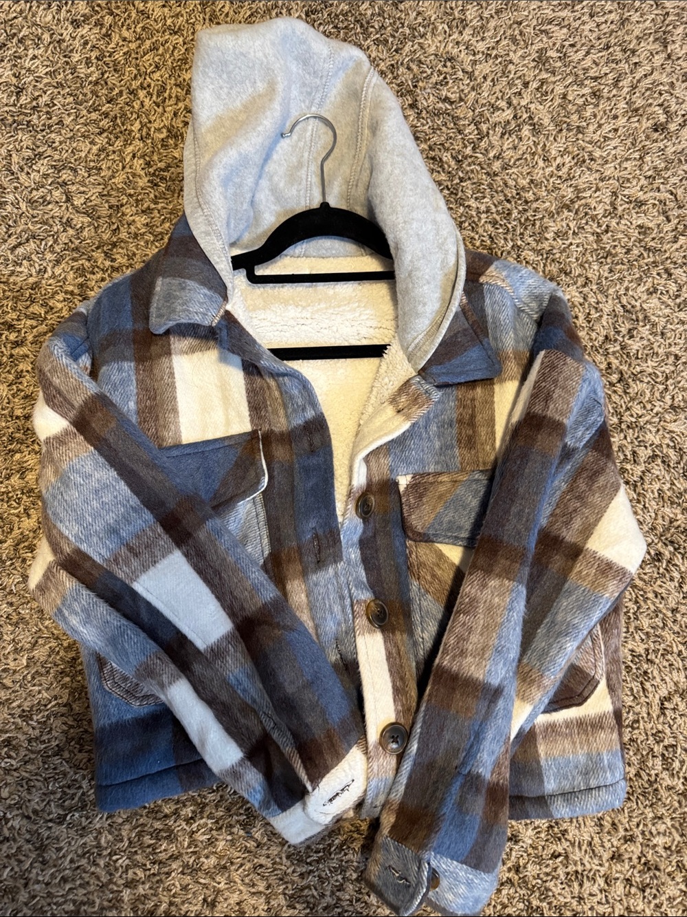 Plaid Hooded Shacket in Blue, Brown & Cream